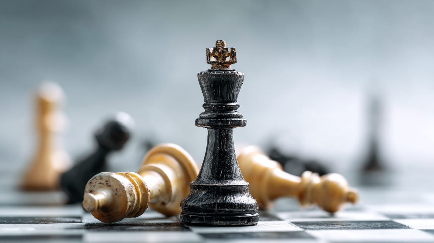 A king chess piece towering over fallen small pawns