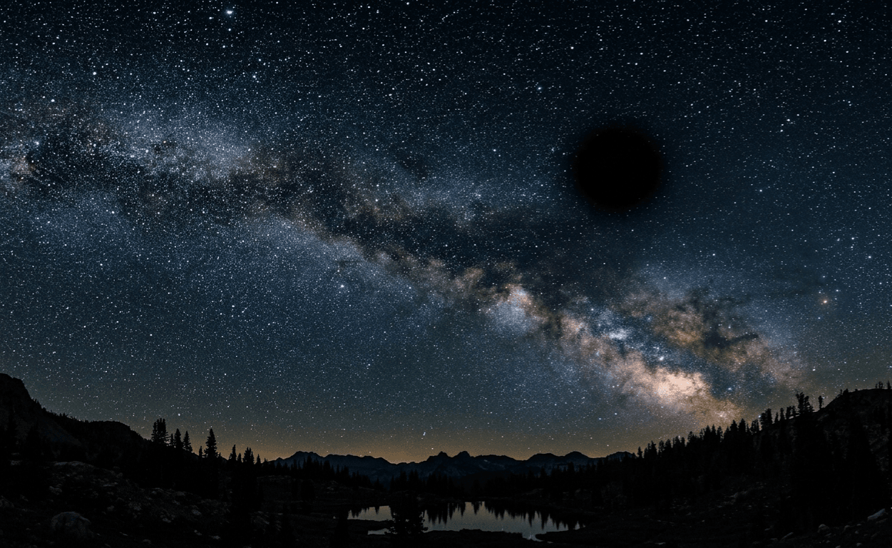 A dark void in a star-filled night sky