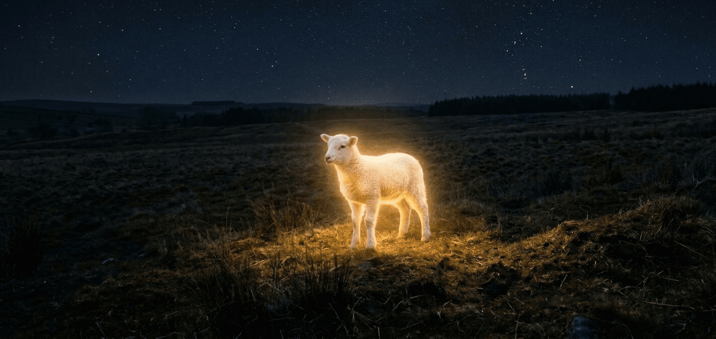 A lamb glowing like a lamp, lighting a path through darkness