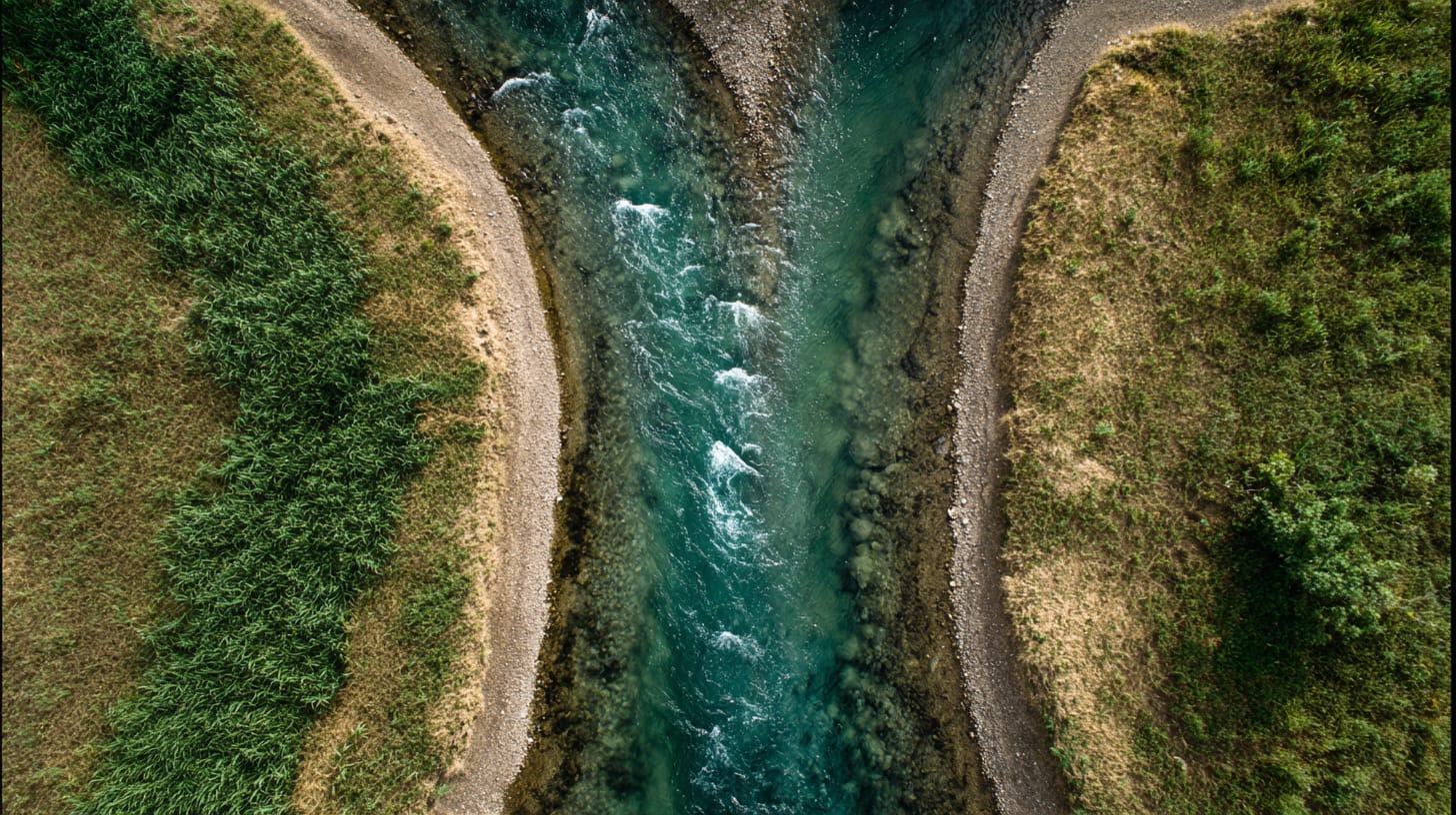 Two separate streams converging and merging into one river
