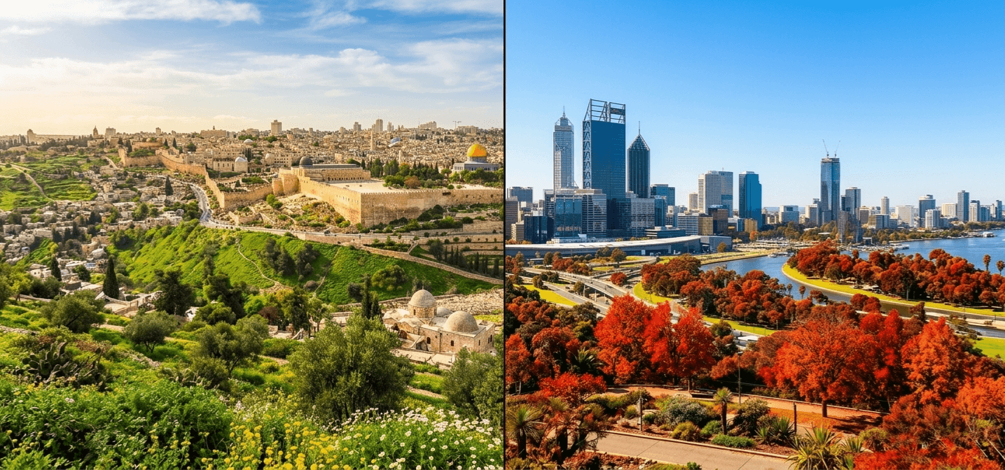 A split scene — spring in Israel beside autumn in the southern hemisphere