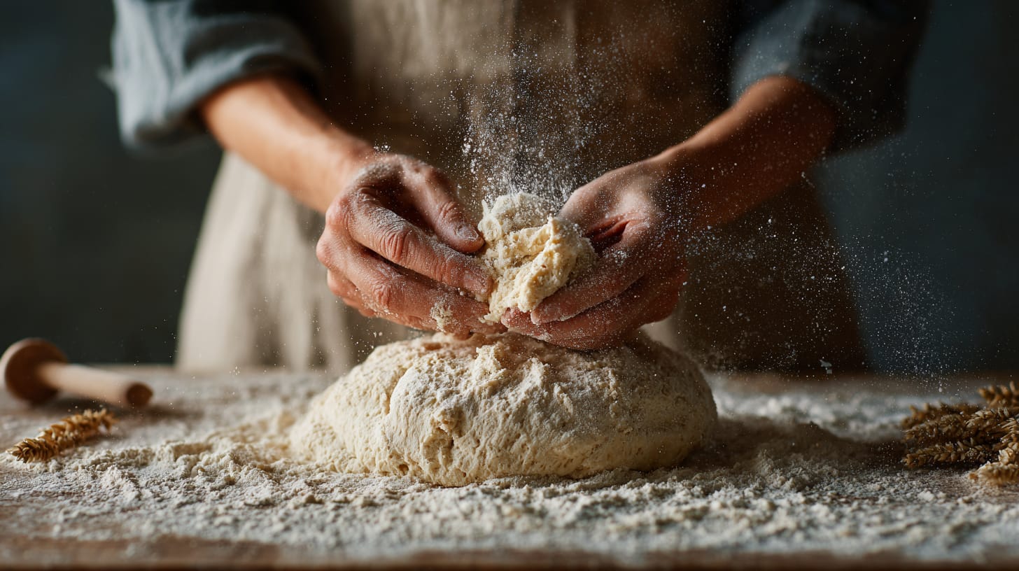 A woman working leaven into a measure of flour, as in the parable