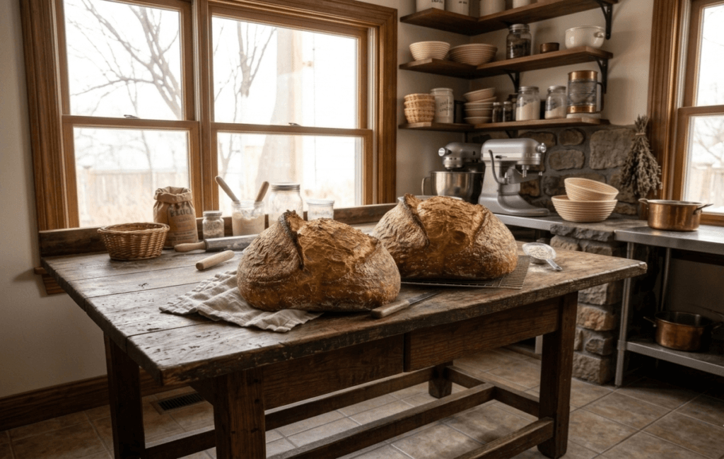 Two risen, leavened loaves of bread side by side