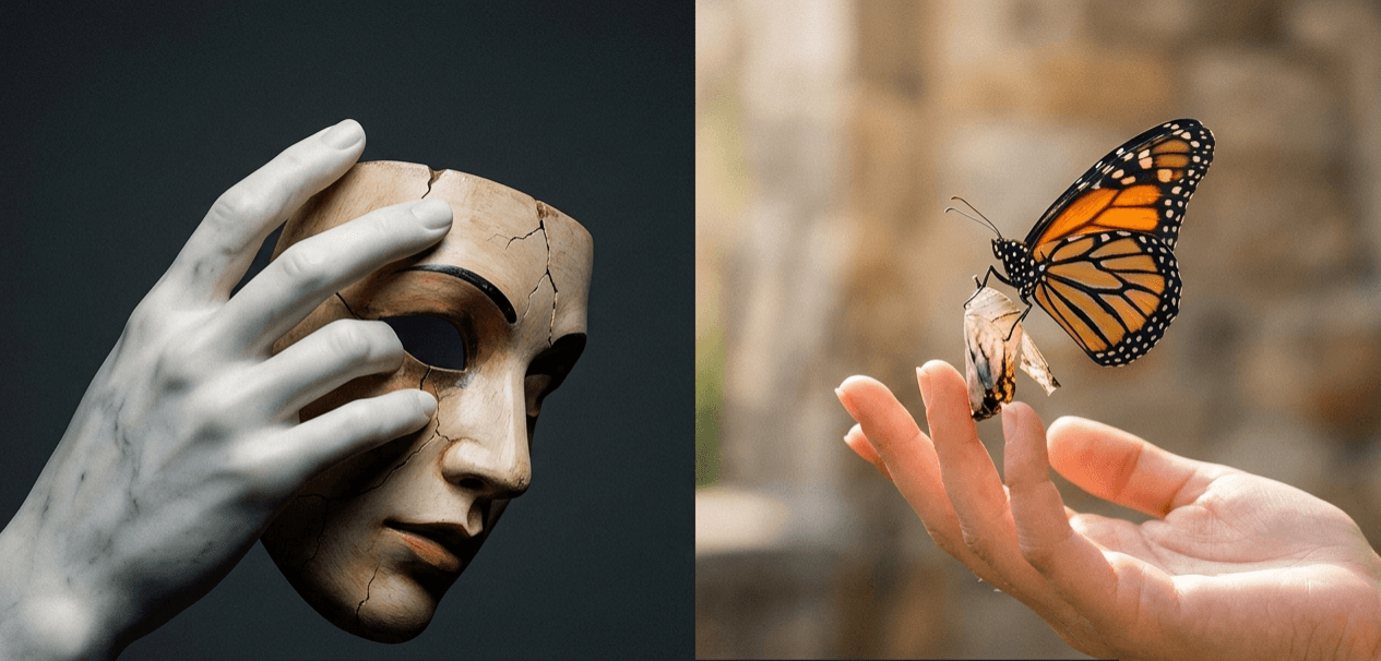 A mask beside a butterfly, suggesting transformation