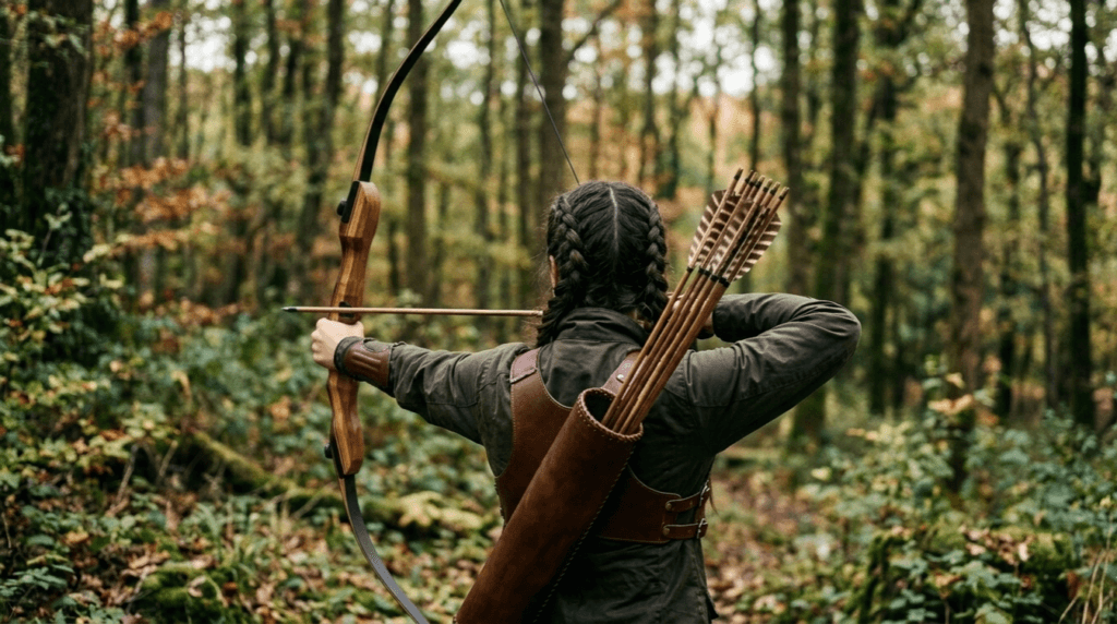 An archer drawing back a bow, taking aim at a target