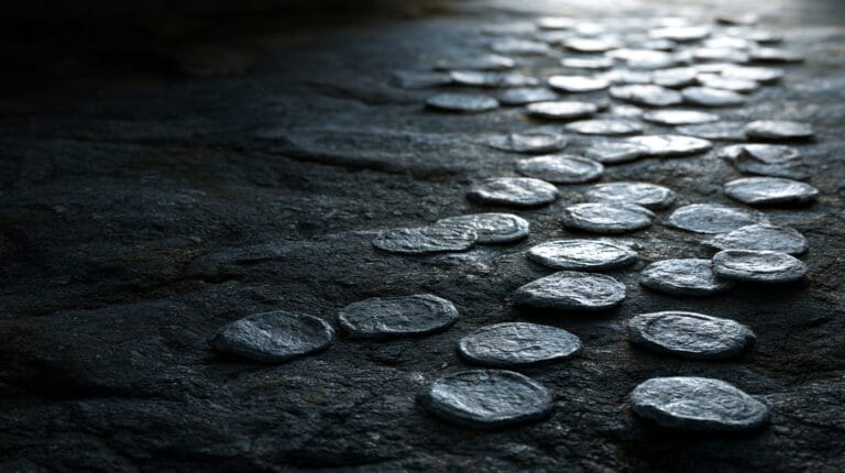 Silver coins scattered across worn stone temple paving in dim light