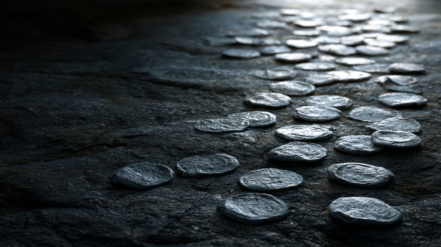 Silver coins scattered across worn stone temple paving in dim light