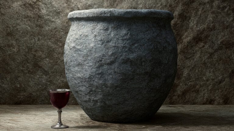 A cup of wine beside a large stone water jar, as at the Cana wedding