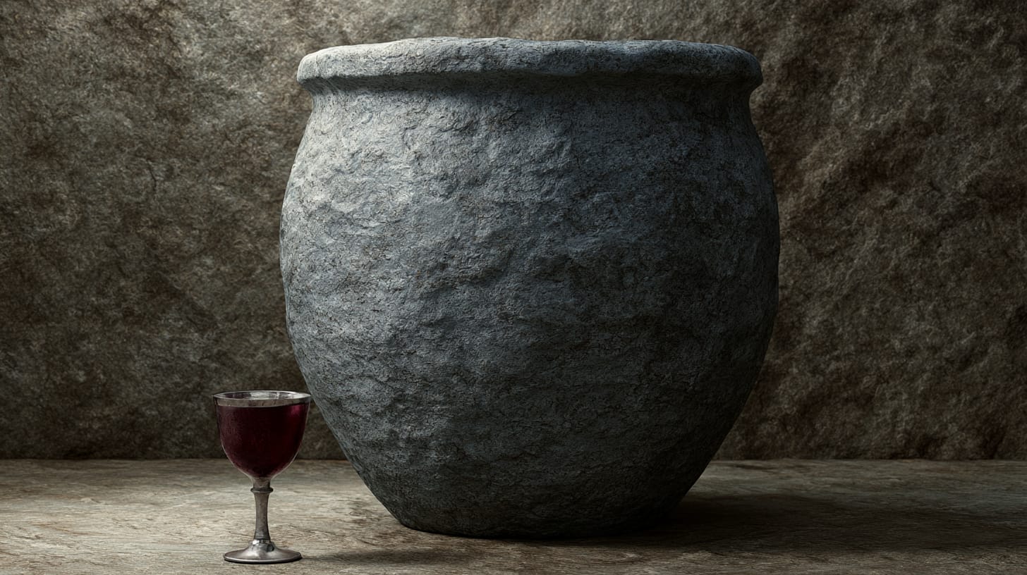 A cup of wine beside a large stone water jar, as at the Cana wedding