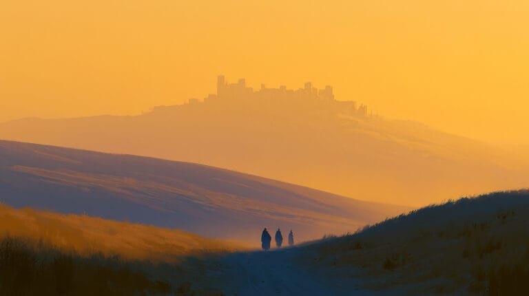 Three travelers walking a road at dusk, as on the Emmaus road