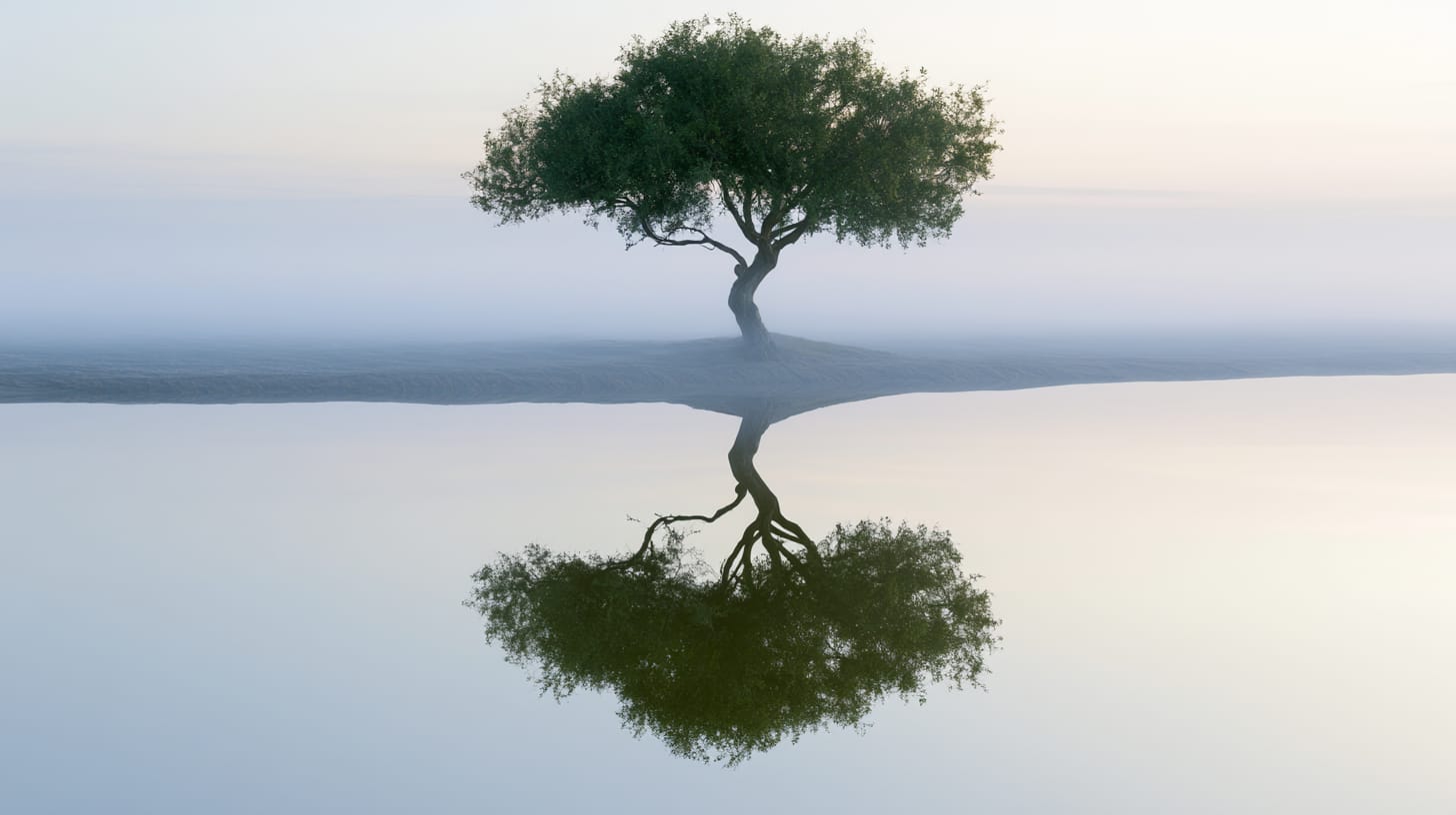 A tree at the water's edge, mirrored upside down in still water