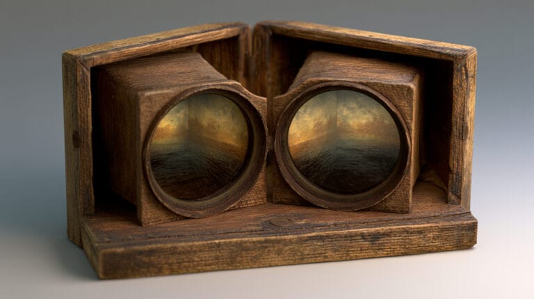 A vintage stereoscope with a stereo card, whose two near-identical images fuse into one view with depth.