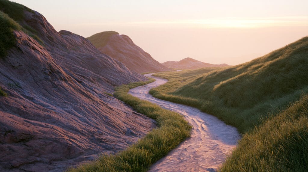 A path winding forward through changing terrain toward a distant horizon.