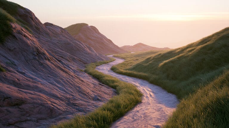 A path winding forward through changing terrain toward a distant horizon.