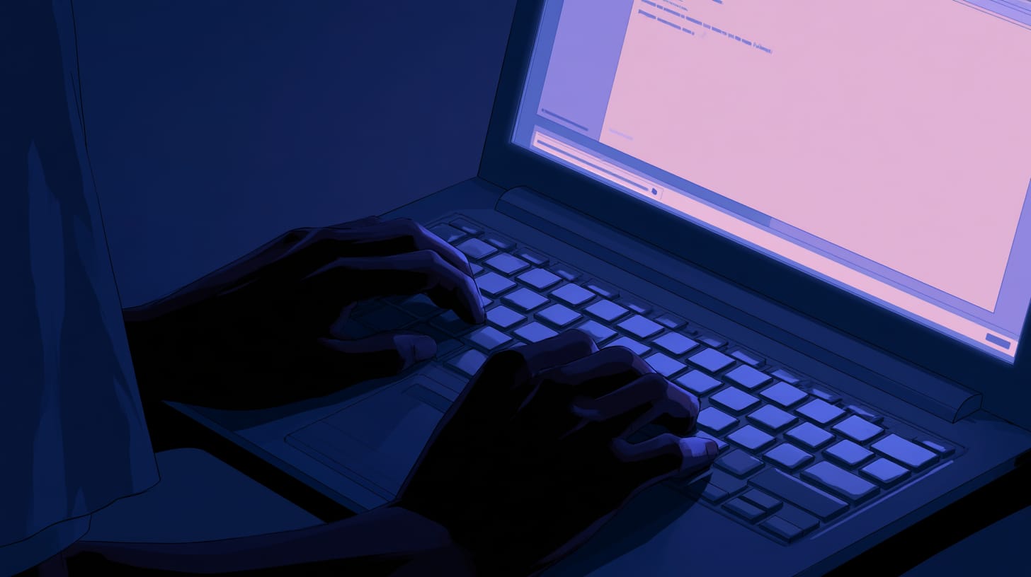 Hands paused over a laptop keyboard, a half-typed reply and blinking cursor in an open comment box.