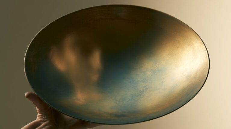 A tarnished bronze hand-mirror catching a dim reflection, as in "now we see in a mirror, dimly."