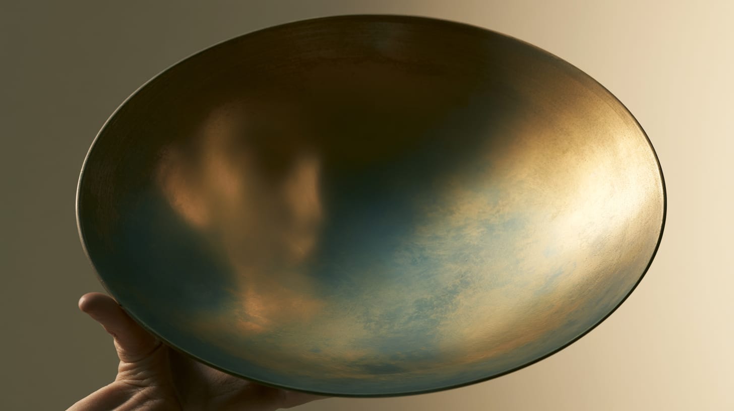 A tarnished bronze hand-mirror catching a dim reflection, as in "now we see in a mirror, dimly."