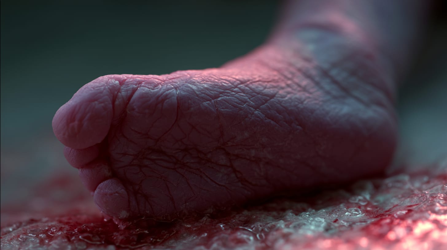 A newborn's bare foot, still streaked from birth — born of the body Leviticus calls unclean.