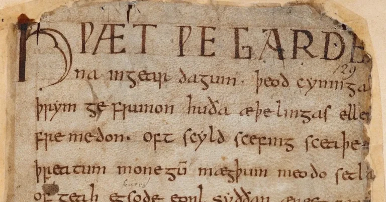 A page of Old English Beowulf, barely recognizable as English