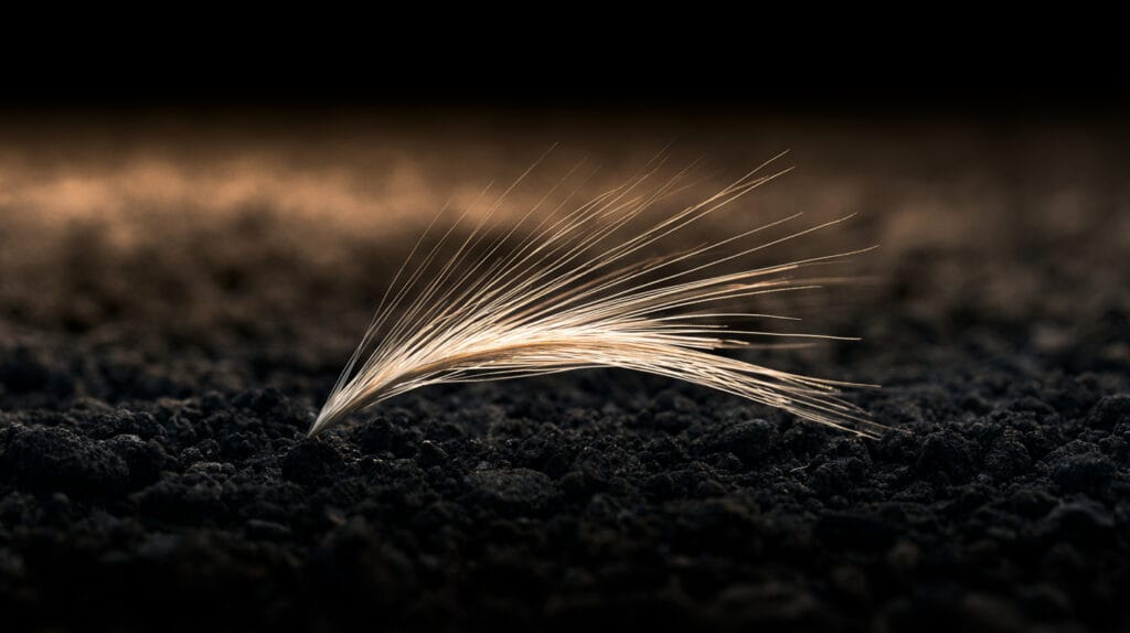 A single grain of wheat resting in dark soil.
