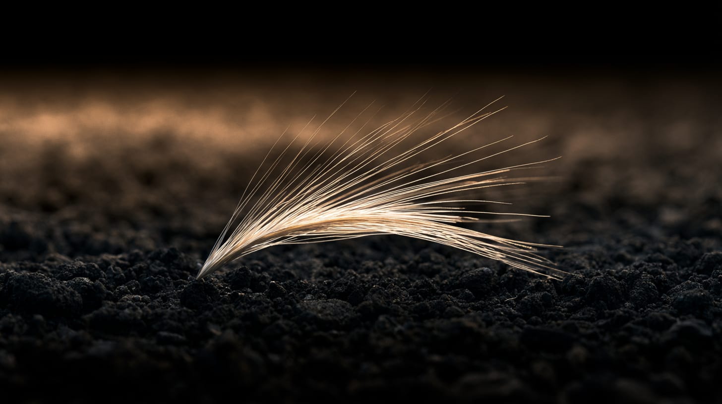 A single grain of wheat resting in dark soil.