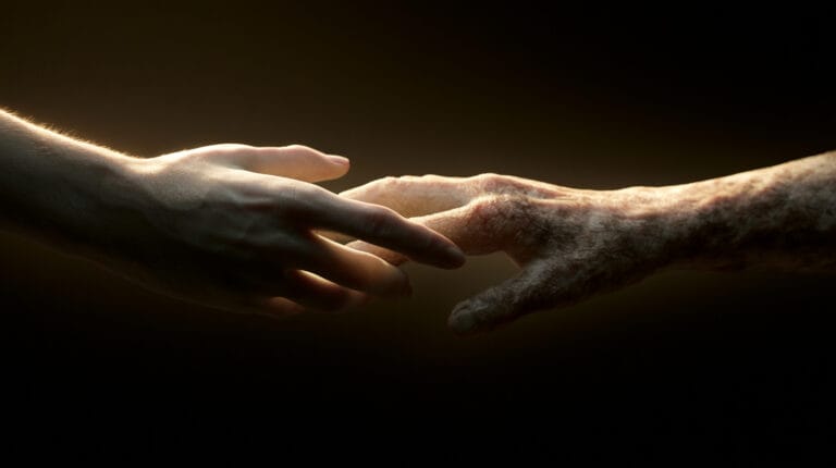 A healthy hand reaching out to touch a diseased, outstretched hand — the moment of contact across the gap.