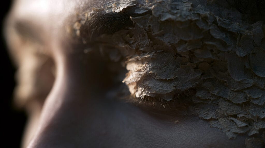 Dry, pale husk-like scales over a man's closed eyes in shadow — Paul's three days of blindness after the Damascus road.