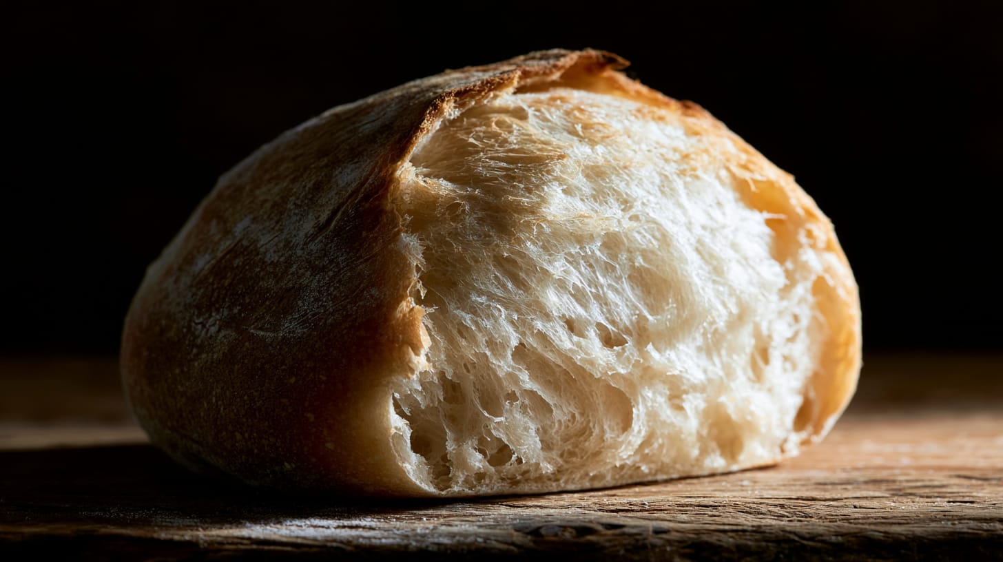 A sourdough loaf torn open to its airy crumb — the leaven's work made visible.