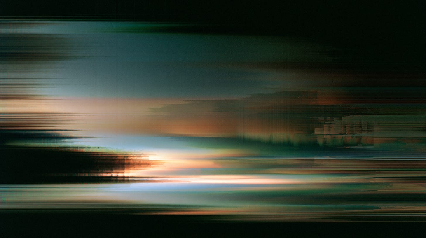 A color photograph partly scrambled by data corruption — bands of displaced pixels running through an image that is still recognizable underneath.