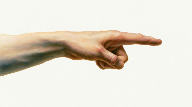 A hand seen from the side, one finger pointing outward while the other fingers curl back toward the palm.